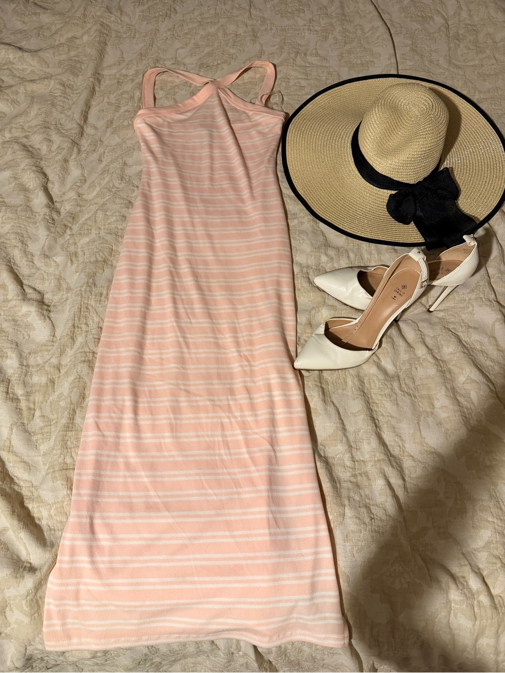 Streetwear Society Pale Pink & White Striped Cross-Back Maxi Dress